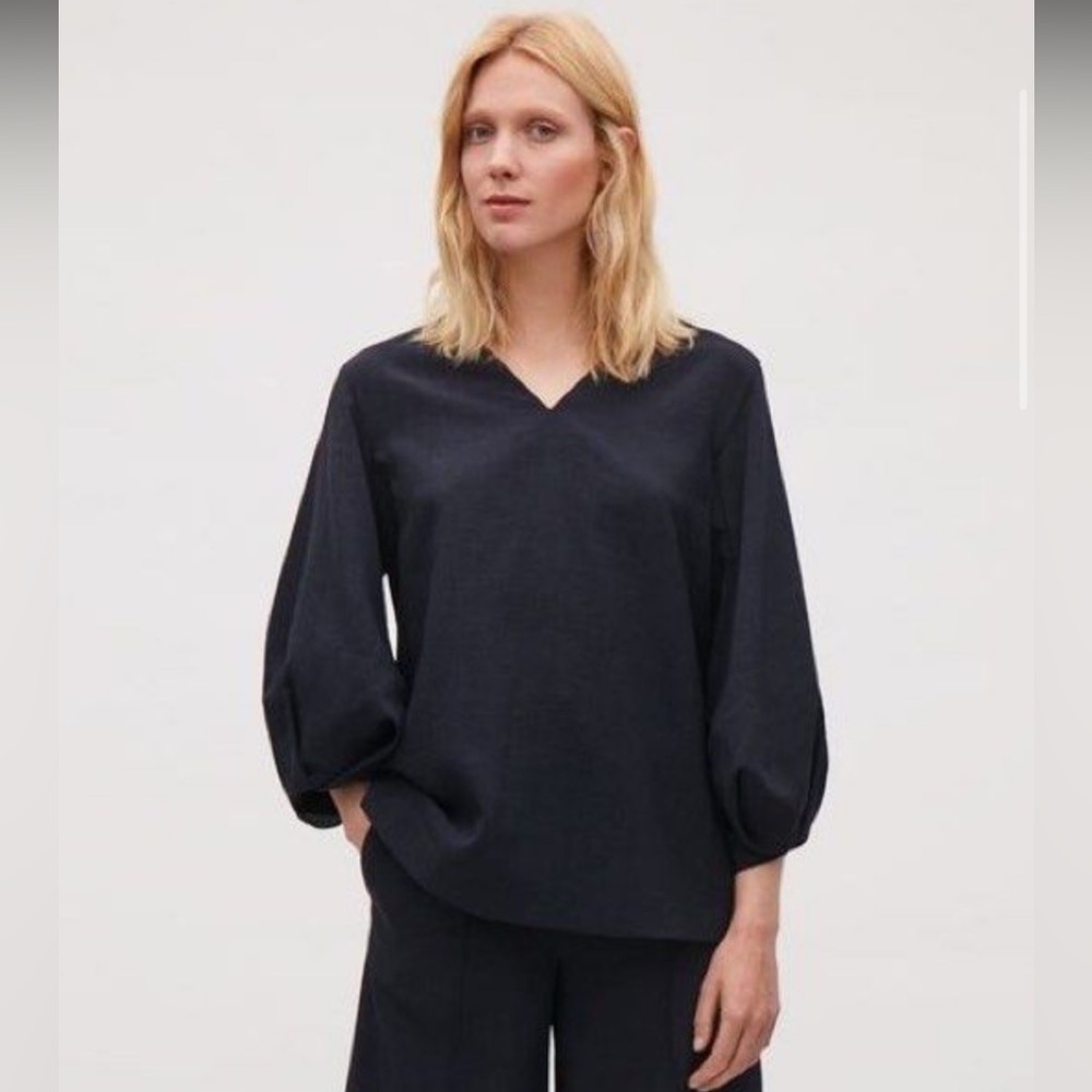 COS Black V-Neck Balloon Sleeve Top